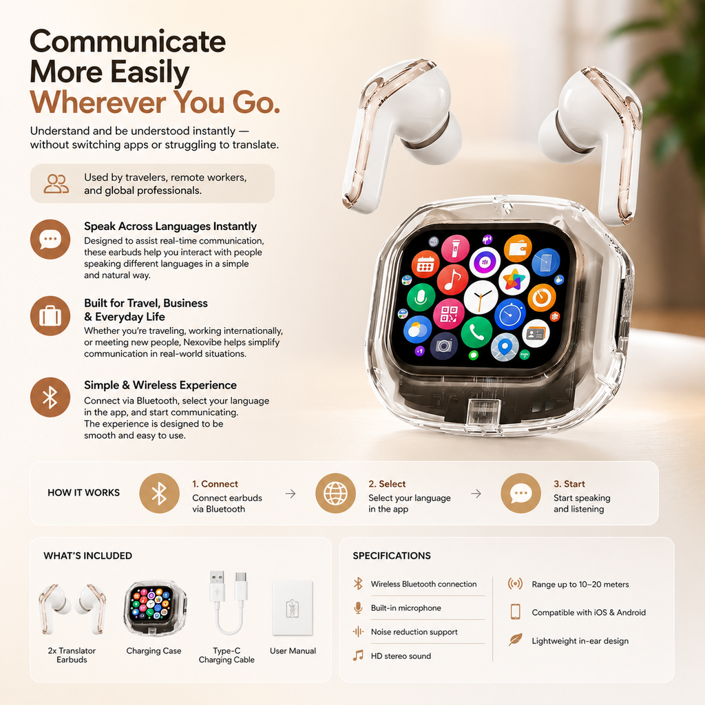 Real-Time Translation Earbuds | 144 Languages | Nexovibe